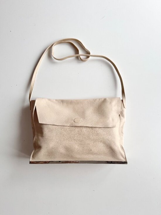 Zara Handbags - ZARA Beige Genuine Leather Foldover Flap Metal Frame Crossbody Bag Purse